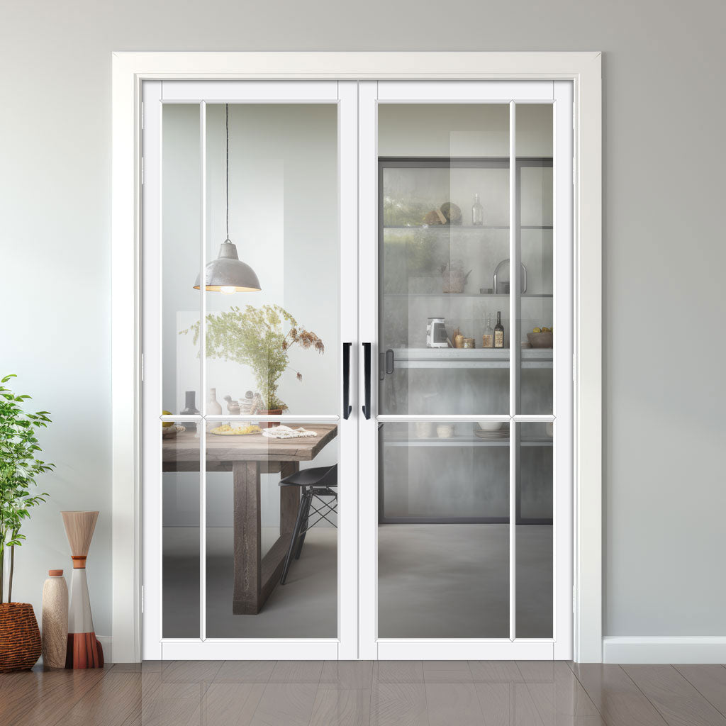 Lerens Solid Wood Internal Door Pair UK Made DD0117C Clear Glass - Cloud White Premium Primed - Urban Lite® Bespoke Sizes