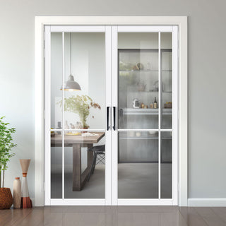 Image: Lerens Solid Wood Internal Door Pair UK Made DD0117C Clear Glass - Cloud White Premium Primed - Urban Lite® Bespoke Sizes