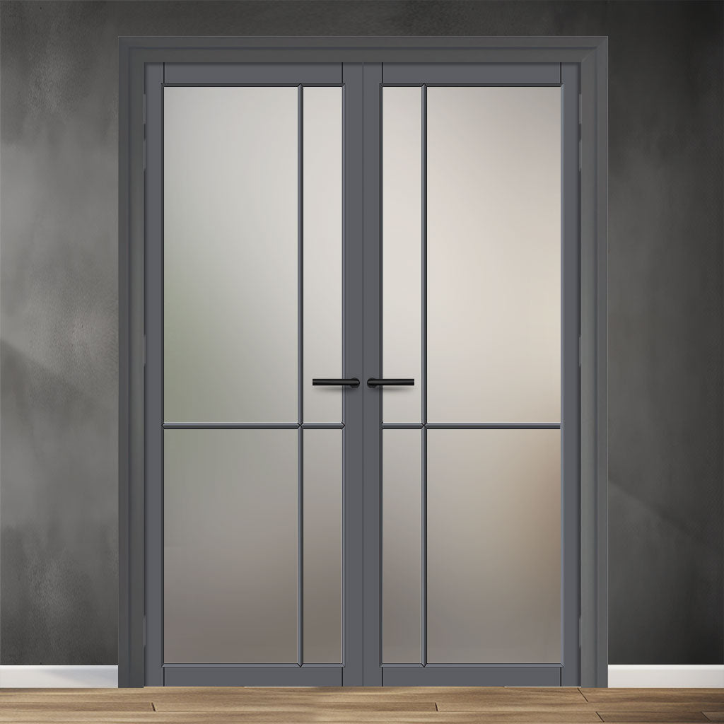 Lerens Solid Wood Internal Door Pair UK Made DD0117F Frosted Glass - Stormy Grey Premium Primed - Urban Lite® Bespoke Sizes