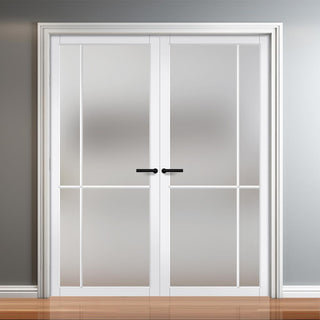 Image: Lerens Solid Wood Internal Door Pair UK Made DD0117F Frosted Glass - Cloud White Premium Primed - Urban Lite® Bespoke Sizes