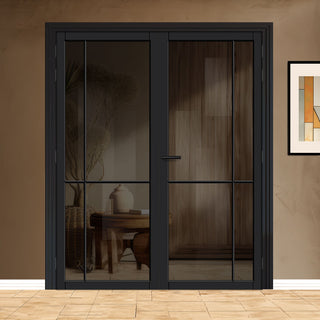 Image: Lerens Solid Wood Internal Door Pair UK Made DD0117T Tinted Glass - Shadow Black Premium Primed - Urban Lite® Bespoke Sizes