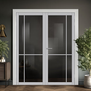 Image: Lerens Solid Wood Internal Door Pair UK Made DD0117T Tinted Glass - Mist Grey Premium Primed - Urban Lite® Bespoke Sizes