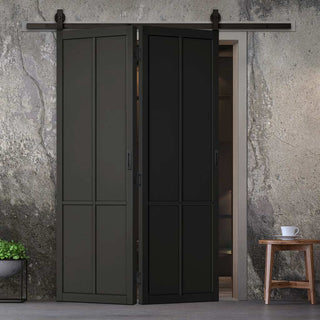 Image: SpaceEasi Top Mounted Black Folding Track & Double Door  - Liberty 4 Panel Black Painted Door - Prefinished