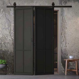 Image: SpaceEasi Top Mounted Black Folding Track & Double Door  - Liberty 4 Panel Black Primed Door