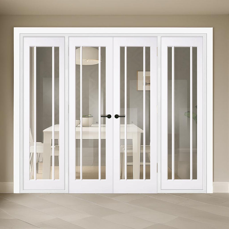 ThruEasi Room Divider - Lincoln 3 Pane White Clear Glass Unfinished Double Doors with Double Sides