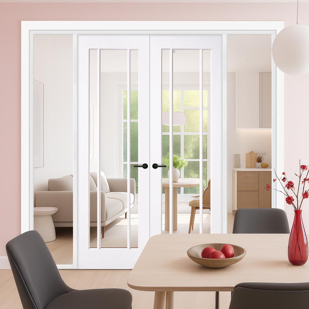 ThruEasi White Room Divider - Lincoln 3 Pane Clear Glass Unfinished Door Pair with Full Glass Sides