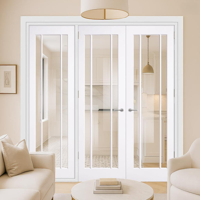 ThruEasi Room Divider - Lincoln 3 Pane White Clear Glass Unfinished Double Doors with Single Side