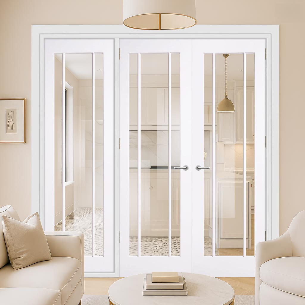 ThruEasi Room Divider - Lincoln 3 Pane White Clear Glass Unfinished Double Doors with Single Side