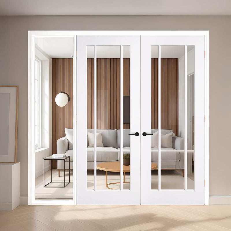 ThruEasi White Room Divider - Lincoln 3 Pane Clear Glass Unfinished Door Pair with Full Glass Side