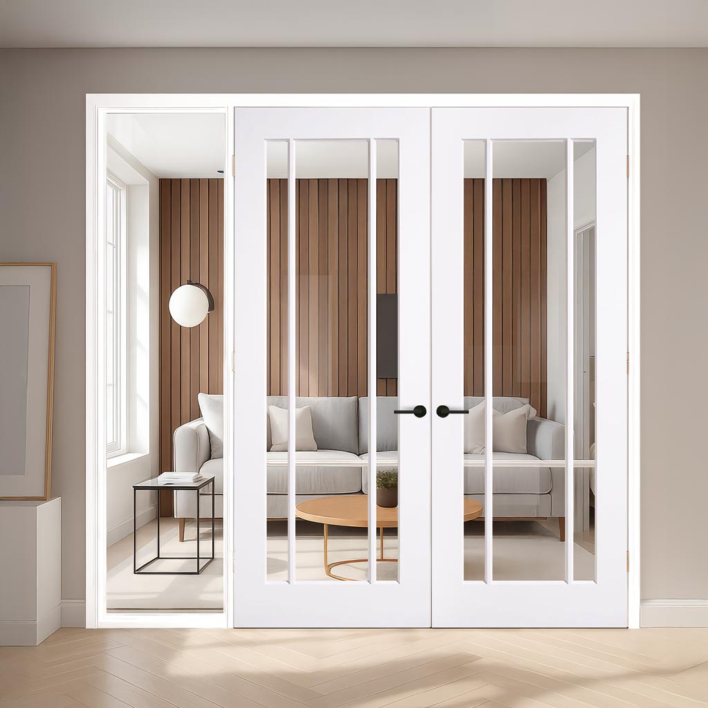 ThruEasi White Room Divider - Lincoln 3 Pane Clear Glass Unfinished Door Pair with Full Glass Side