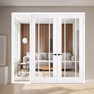 Image: ThruEasi White Room Divider - Lincoln 3 Pane Clear Glass Unfinished Door Pair with Full Glass Side