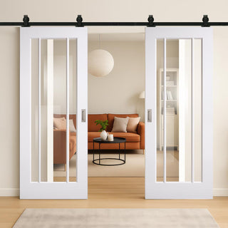 Image: Top Mounted Black Sliding Track & Double Door - Lincoln White Primed Internal Door - Clear Glass - Unfinished
