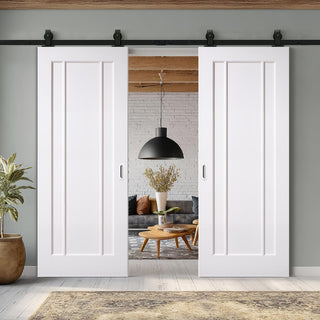 Image: Top Mounted Black Sliding Track & Double Door - Lincoln White Primed Internal Door - Unfinished