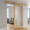 Single Sliding Door & Stainless Steel Barn Track - Lincoln Oak Door - Frosted Glass - Unfinished