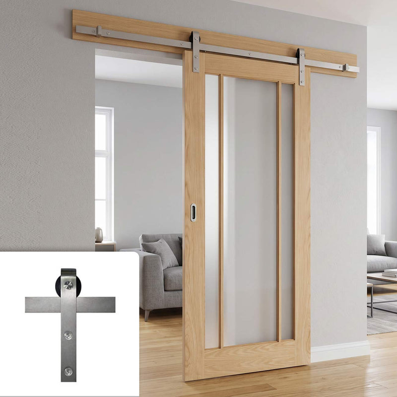 Single Sliding Door & Stainless Steel Barn Track - Lincoln Oak Door - Frosted Glass - Unfinished