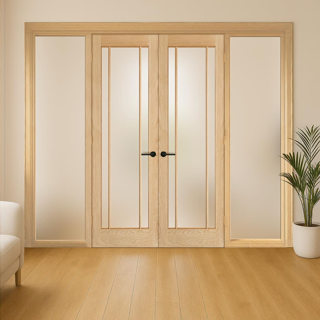 ThruEasi Oak Room Divider - Lincoln 3 Pane Frosted Glass Unfinished Door Pair with Full Glass Sides