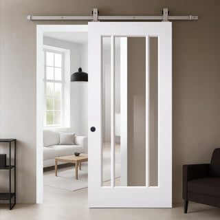 Image: Top Mounted Stainless Steel Sliding Track & Door - Lincoln White Primed Internal Door - Clear Glass - Unfinished