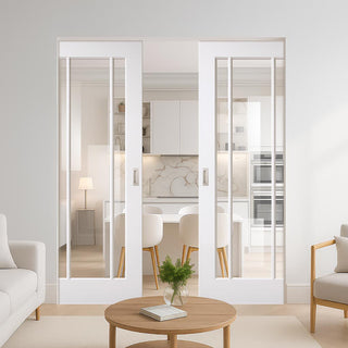 Image: Lincoln Single Absolute Evokit Double Pocket Door - Clear Glass - White Primed