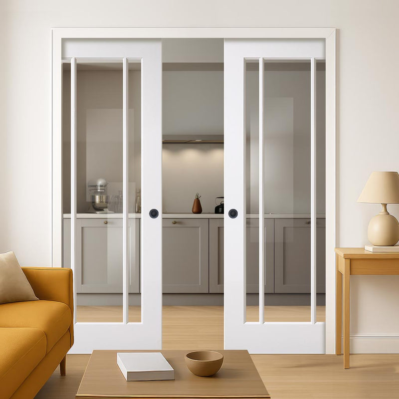 Lincoln Double Evokit Pocket Door - Clear Glass - White Primed