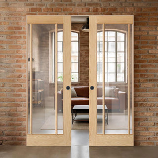 Image: Lincoln Glazed Oak Absolute Evokit Double Pocket Doors - Clear Glass - Unfinished