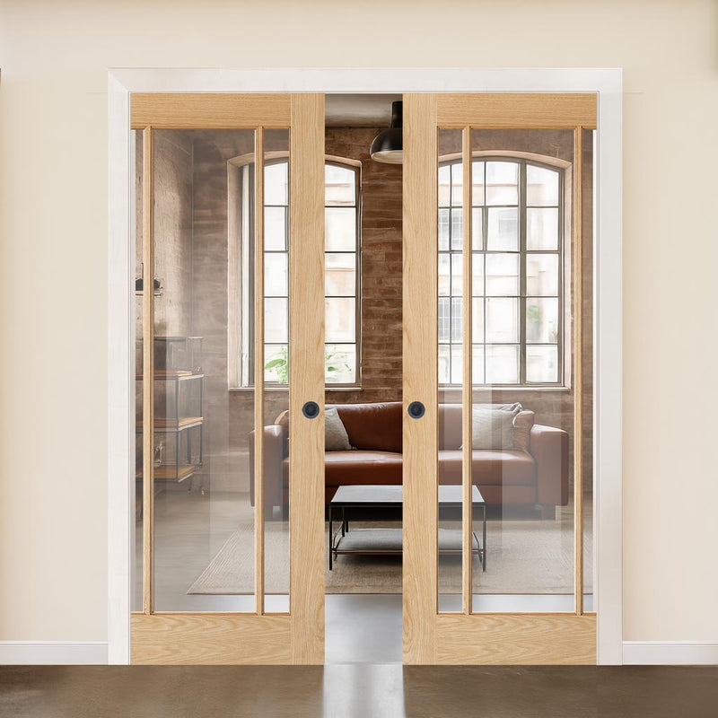 Lincoln Glazed Oak Double Evokit Pocket Doors - Clear Glass