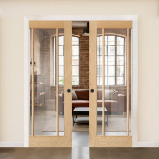 Image: Lincoln Glazed Oak Double Evokit Pocket Doors - Clear Glass