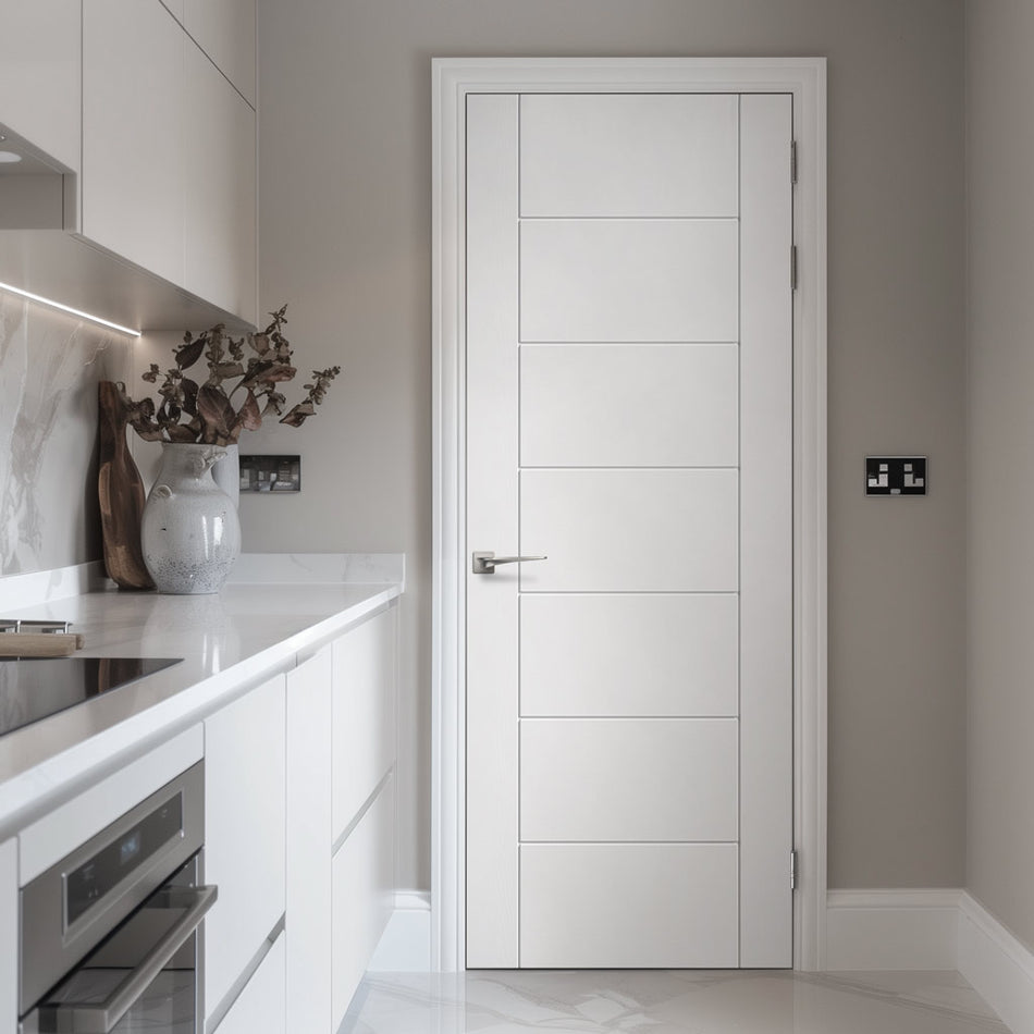 Linear 7 Panel Door - White Laminated - Prefinished