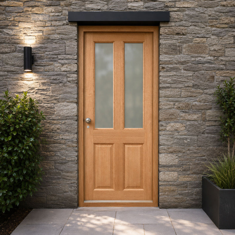 LPD Malton External Meranti Wooden Front Door and Frame Set with Fittings - Frosted Double Glazing