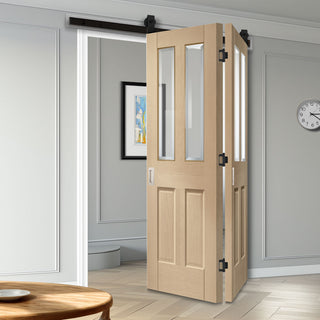 Image: SpaceEasi Top Mounted Black Folding Track & Double Door - Malton Oak Door - Bevelled Clear Glass - No Raised Mouldings - Unfinished