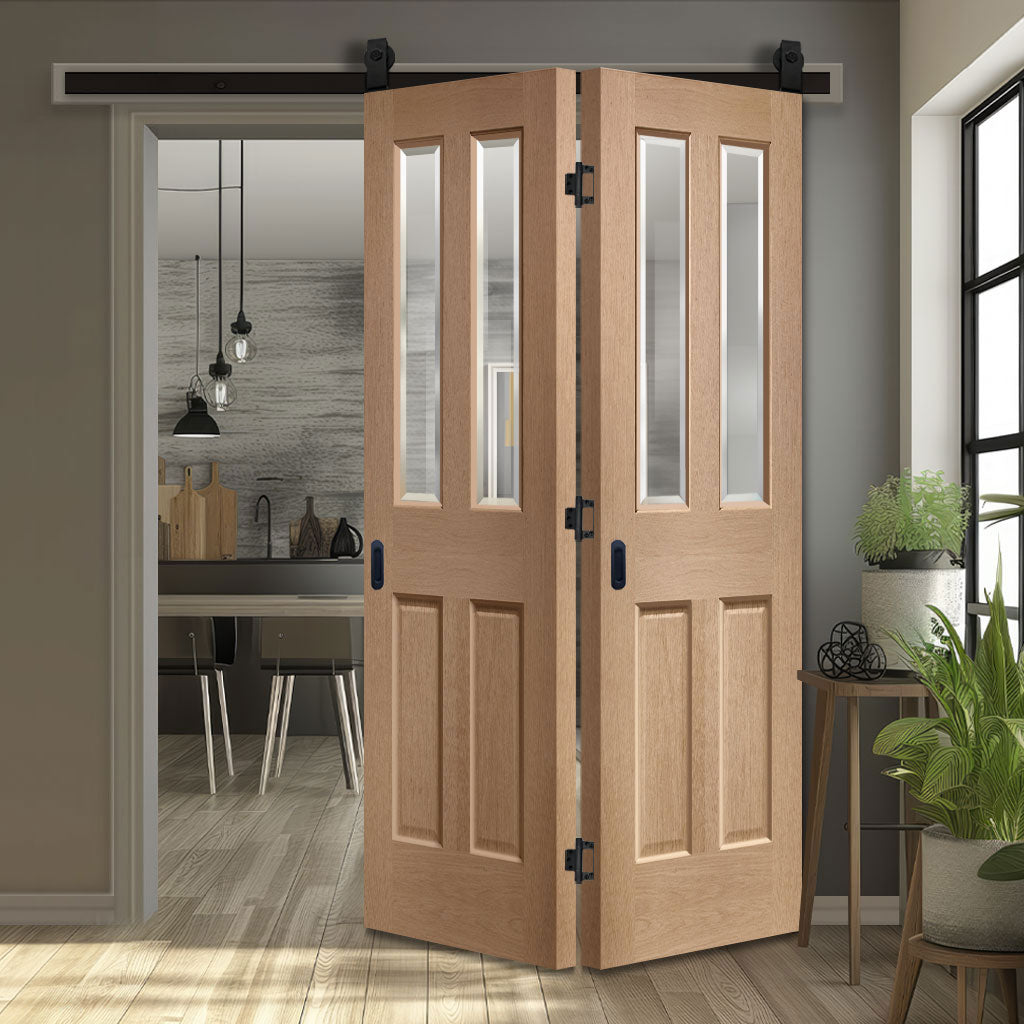 SpaceEasi Top Mounted Black Folding Track & Double Door - Malton Oak Door - No Raised Mouldings - Bevelled Clear Glass - Prefinished