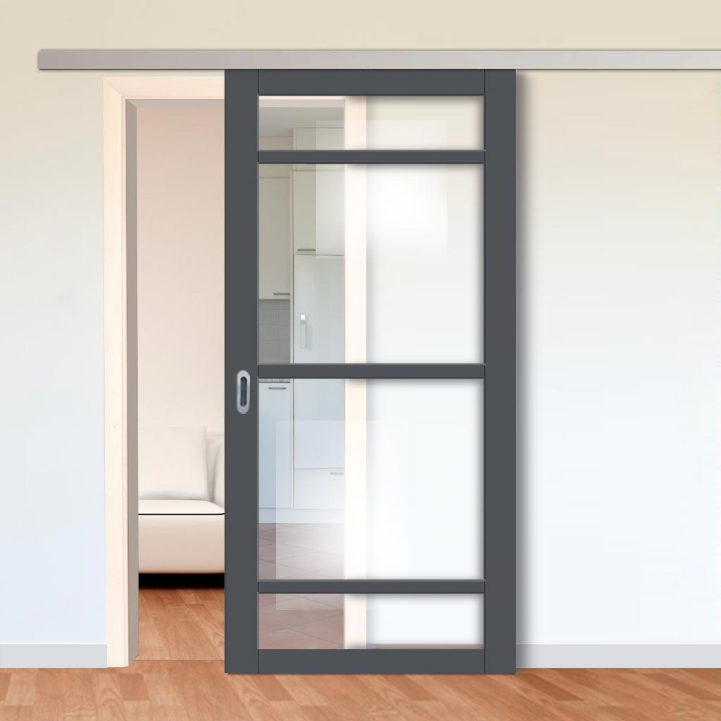 Single Sliding Door & Premium Wall Track - Eco-Urban® Malvan 4 Pane Door DD6414G Clear Glass - 6 Colour Options