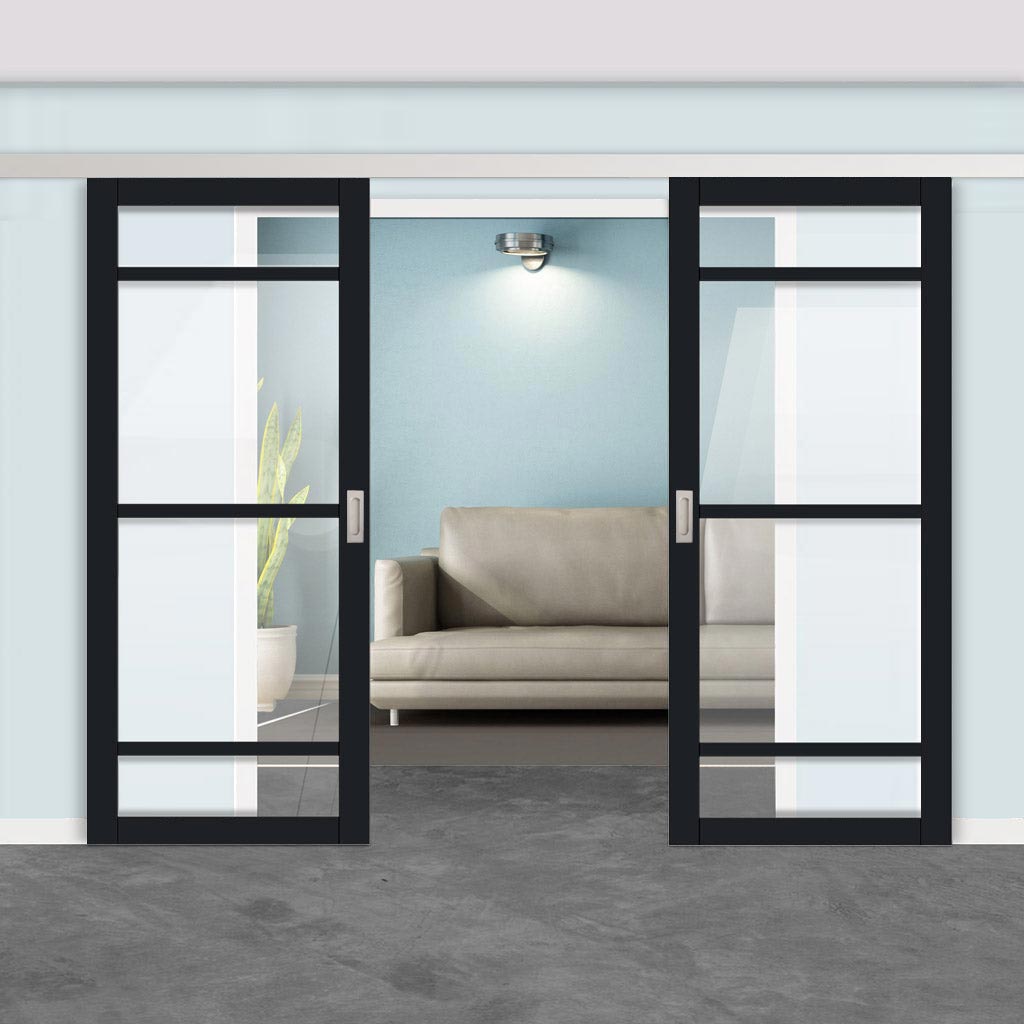 Double Sliding Door & Premium Wall Track - Eco-Urban® Malvan 4 Pane Doors DD6414G Clear Glass - 6 Colour Options