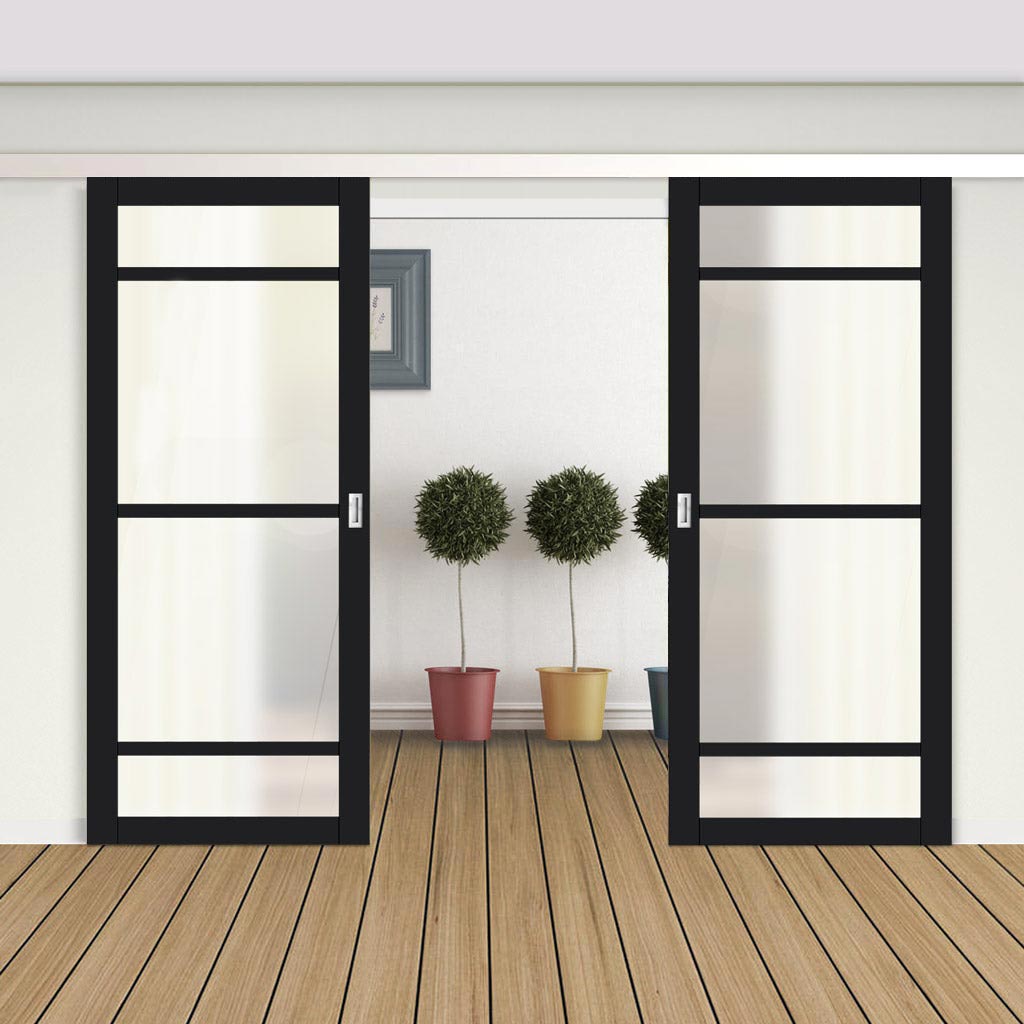 Double Sliding Door & Premium Wall Track - Eco-Urban® Malvan 4 Pane Doors DD6414SG Frosted Glass - 6 Colour Options