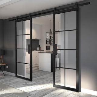 Image: Top Mounted Black Sliding Track & Double Door - Malvern Black Prefinished Internal Door - Clear Glass - Prefinished