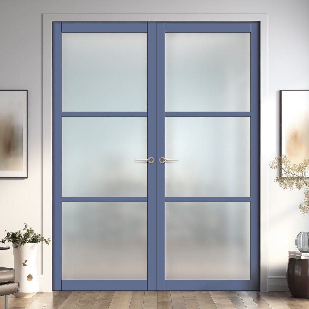 Eco-Urban Manchester 3 Pane Solid Wood Internal Door Pair UK Made DD6306SG - Frosted Glass - Eco-Urban® Heather Blue Premium Primed