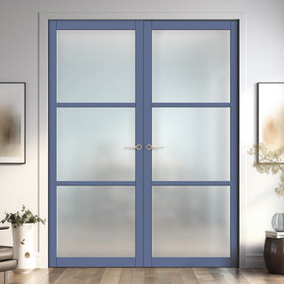 Image: Eco-Urban Manchester 3 Pane Solid Wood Internal Door Pair UK Made DD6306SG - Frosted Glass - Eco-Urban® Heather Blue Premium Primed