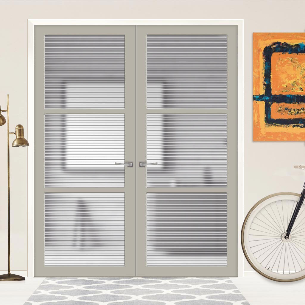 Manchester 3 Pane Solid Wood Internal Door Pair UK Made DD6306 - Clear Reeded Glass - Eco-Urban® Mist Grey Premium Primed