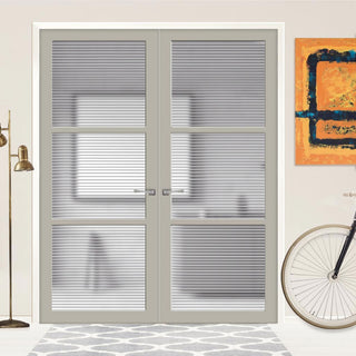 Image: Manchester 3 Pane Solid Wood Internal Door Pair UK Made DD6306 - Clear Reeded Glass - Eco-Urban® Mist Grey Premium Primed