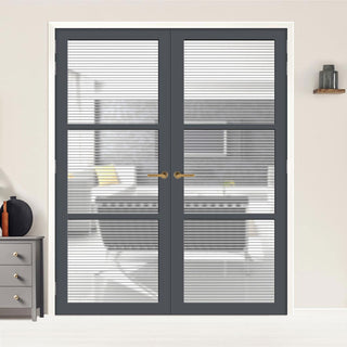 Image: Manchester 3 Pane Solid Wood Internal Door Pair UK Made DD6306 - Clear Reeded Glass - Eco-Urban® Stormy Grey Premium Primed