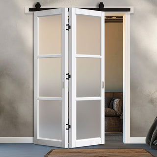 Image: SpaceEasi Top Mounted Black Folding Track & Double Door - Eco-Urban® Manchester 3 Pane Solid Wood Door DD6306SG - Frosted Glass - Premium Primed Colour Options