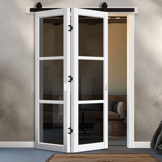 Image: SpaceEasi Top Mounted Black Folding Track & Double Door - Handcrafted Eco-Urban Manchester 3 Pane Solid Wood Door DD6306 - Tinted Glass - Premium Primed Colour Options