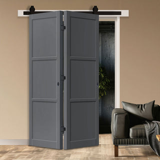 Image: SpaceEasi Top Mounted Black Folding Track & Double Door - Eco-Urban® Manchester 3 Panel Solid Wood Door DD6305 - Premium Primed Colour Options
