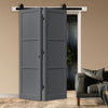 SpaceEasi Top Mounted Black Folding Track & Double Door - Eco-Urban® Manchester 3 Panel Solid Wood Door DD6305 - Premium Primed Colour Options
