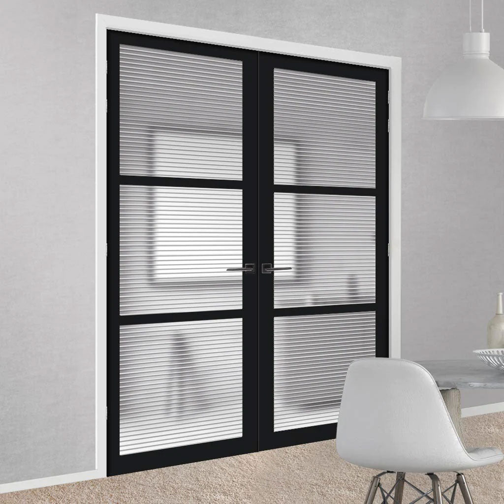 Manchester 3 Pane Solid Wood Internal Door Pair UK Made DD6306 - Clear Reeded Glass - Eco-Urban® Shadow Black Premium Primed