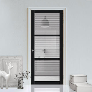 Image: Manchester 3 Pane Solid Wood Internal Door UK Made DD6306 - Clear Reeded Glass - Eco-Urban® Shadow Black Premium Primed