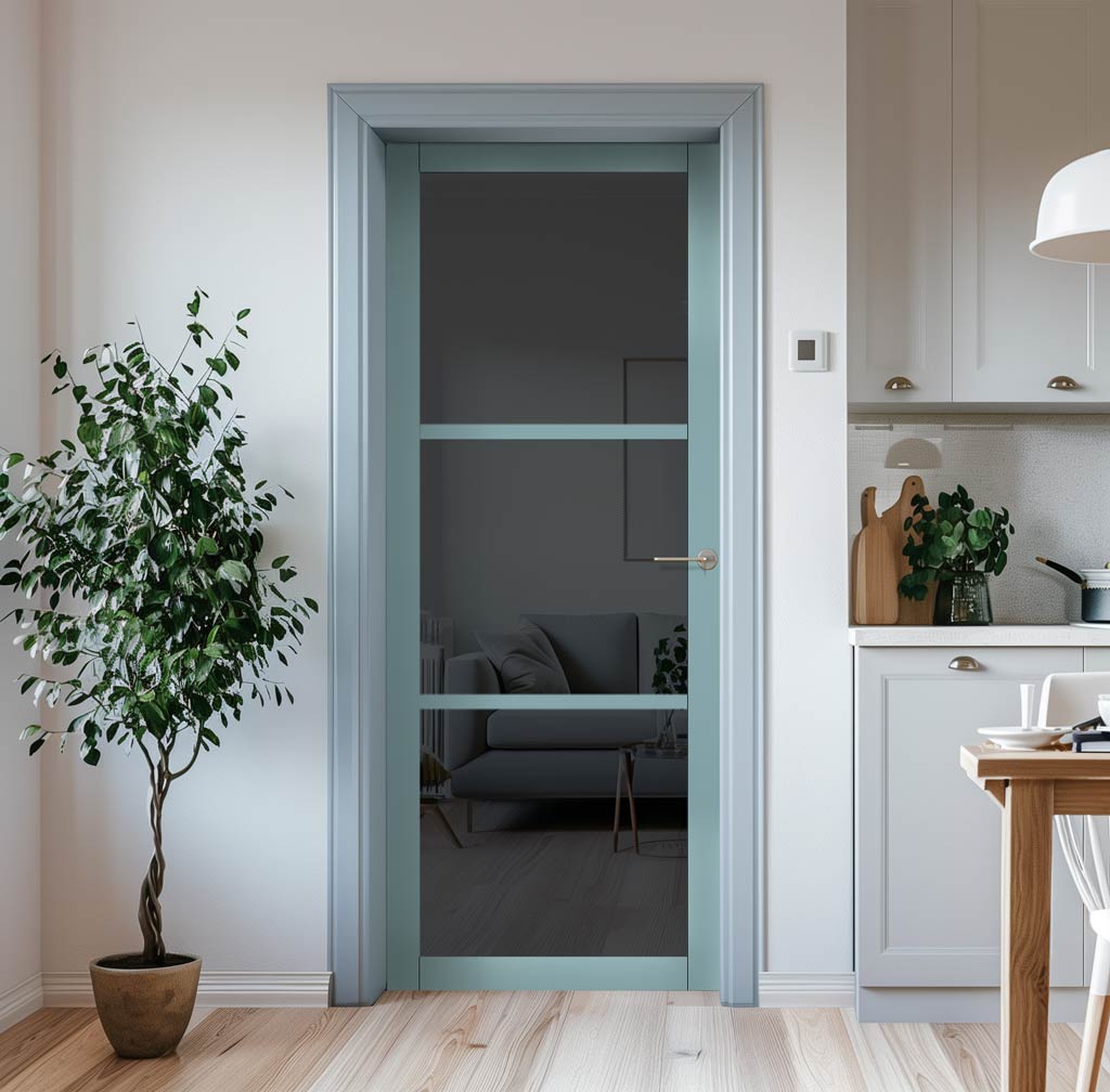 Manchester 3 Pane Solid Wood Internal Door UK Made DD6306 - Tinted Glass - Eco-Urban® Sage Sky Premium Primed