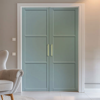 Image: Manchester 3 Panel Solid Wood Internal Door Pair UK Made DD6305 - Eco-Urban® Sage Sky Premium Primed