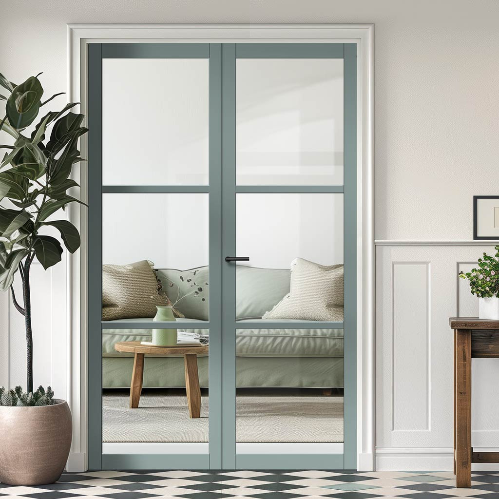 Manchester 3 Pane Solid Wood Internal Door Pair UK Made DD6306G - Clear Glass - Eco-Urban® Sage Sky Premium Primed