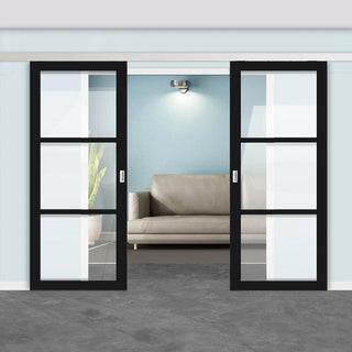 Image: Double Sliding Door & Premium Wall Track - Eco-Urban® Manchester 3 Pane Doors DD6306G - Clear Glass - 6 Colour Options