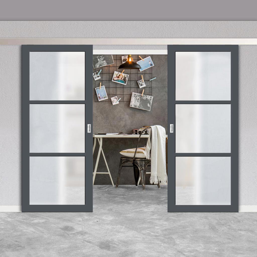 Double Sliding Door & Premium Wall Track - Eco-Urban® Manchester 3 Pane Doors DD6306SG - Frosted Glass - 6 Colour Options